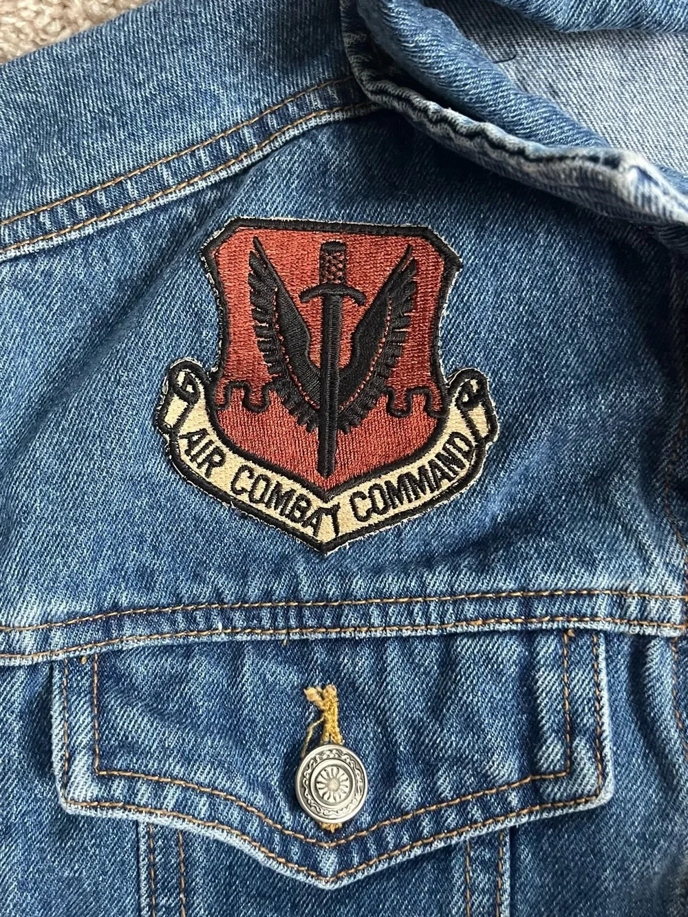 Men's Blue Denim Jacket with Embroidered Chest Patches